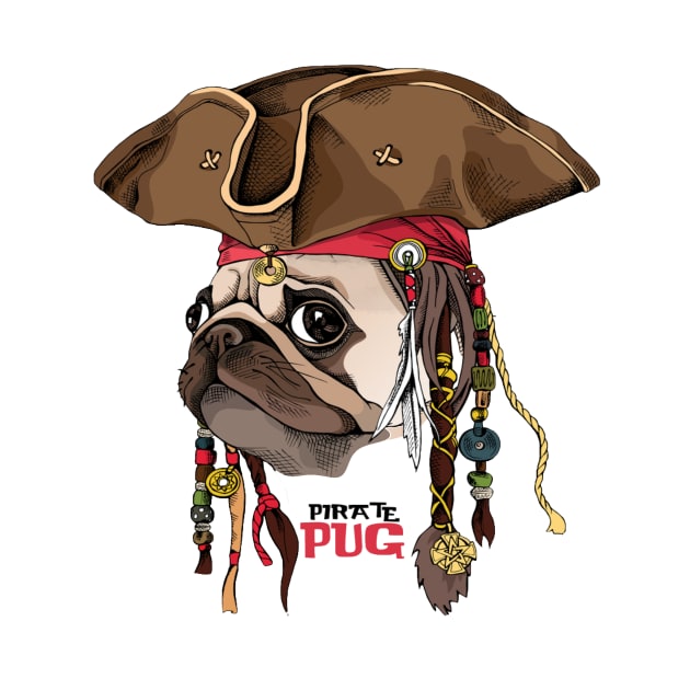 Portrait of a Pug in Pirate hat, bandana and with a dreadlocks by amramna