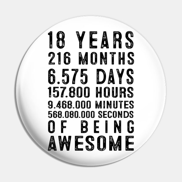 18 Years 216 Months 6575 Days Of Being Awesome Funny 18th Birthday Pin by EdenWilkinsonStore