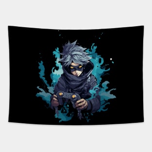 Gaming Ninja Blue Flame Power | Manga Cartoon Style Tee Tapestry