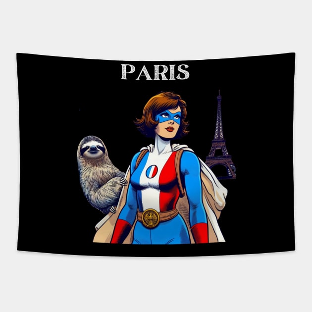 Paris France 60s Female Comic Book Superhero Sloth Tapestry by Woodpile