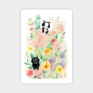 Black Cats in the Flower Garden Soft Pastel Colors Magnet