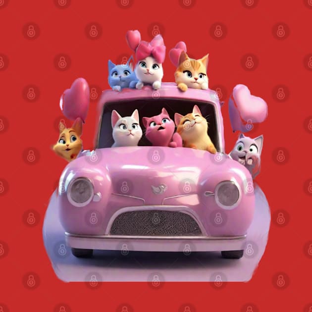 Happy cats in a pink car driving to valentines cat parade. by sailorsam1805