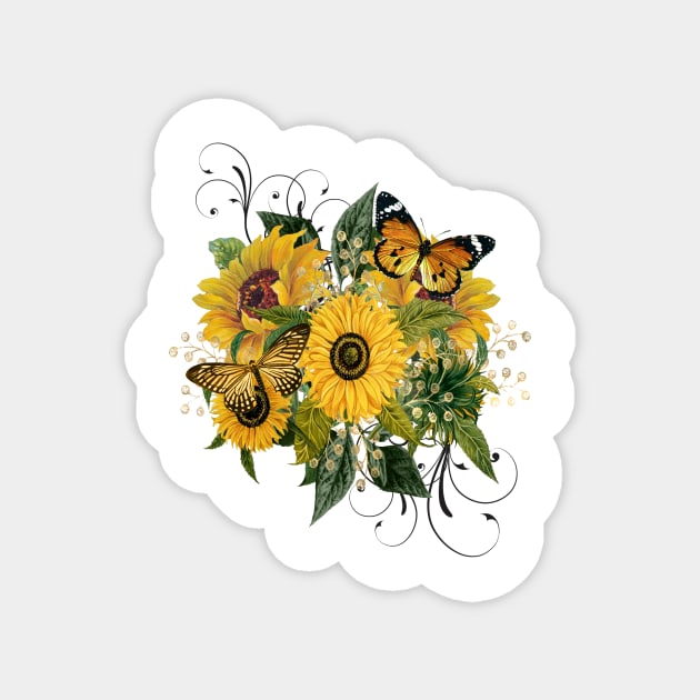 Sunflower bouquet with butterflies Magnet by allthumbs