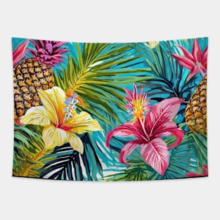 Tropical Oasis - Exotic Palm Leaves and Pineapple Pattern Tapestry