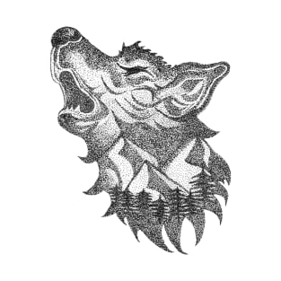 The crying wolf, mountains and wilderness - black ink in stipple technique T-Shirt