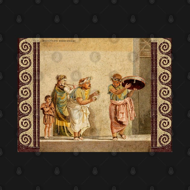 ANTIQUE ROMAN MOSAICS ,GREEK COMEDY THEATER SCENE WITH MUSICIANS AND TAMBOURINE PLAYER by BulganLumini