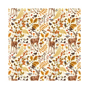 Into the woods/Deers Leaves Berries and Birds/Autumn fauna and flora  on off white T-Shirt