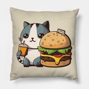 Cute Cat Eating Burger Pillow