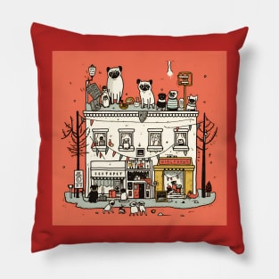 Whimsical Heights: Pugs and Prose of Urban Folklore Pillow