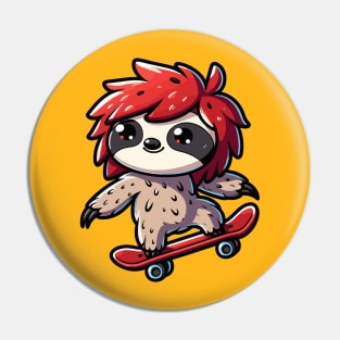 Skateboarding Sloth Manga Style Design - Cool Shaggy Hair Pin