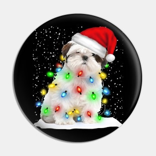 White Shih Tzu Christmas Santa Hat Xmas Tree Color Lights Pin