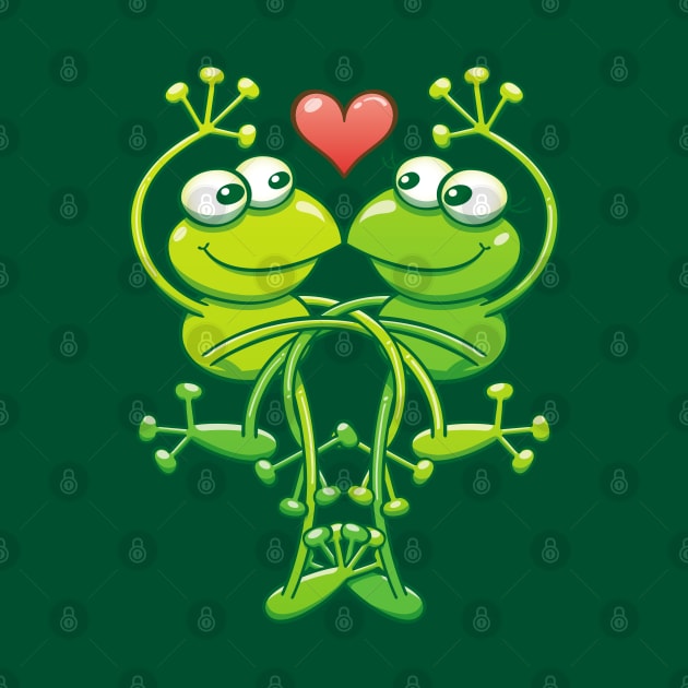 Sweet couple of green frogs intertwining their arms and legs while madly falling in love by zooco