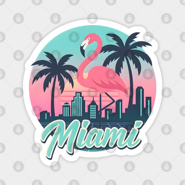 Retro Miami Flamingo Design with Neon Skyline and Palm Trees in Sunset Colors Magnet by WarFX Designs
