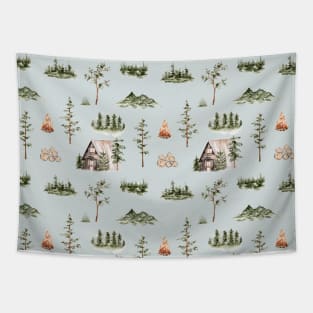 Cabin Forest Seamless Pattern Sage Green Tapestry