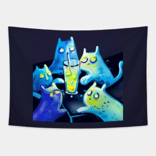 Several Blue Cats Inspect a Glass of Lemon Water Tapestry
