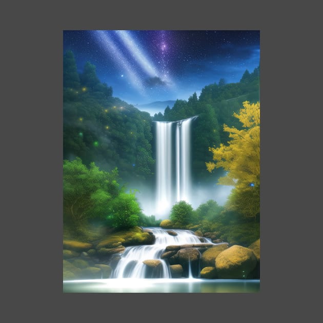 forest waterfall under starry sky by Vermillionwolf