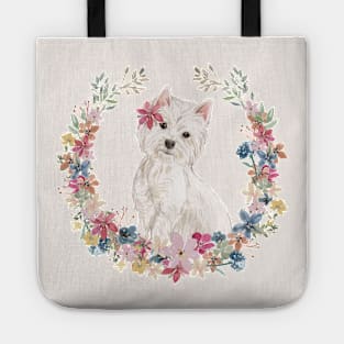 Cute Little Westie with Flower Wreath Tote