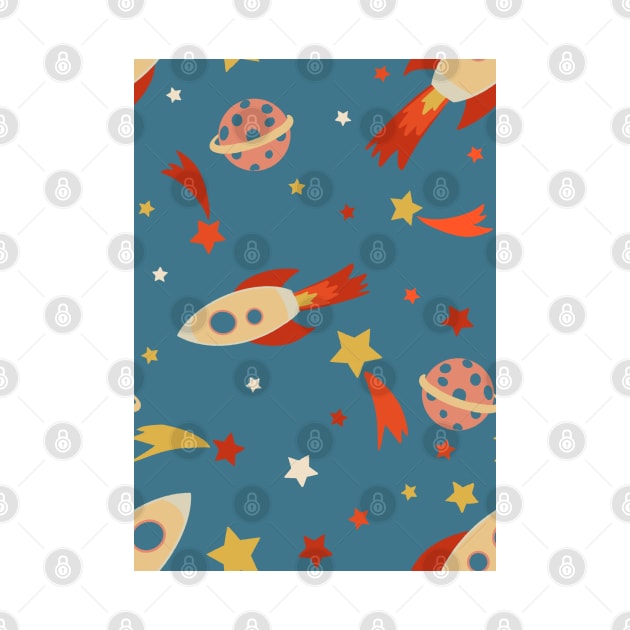 Retro Rocketship Racers repeat pattern on blue background by NattyDesigns