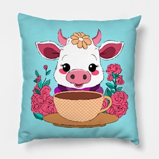 Cow Drinking Coffee Pillow