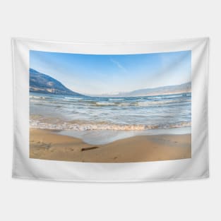 Winter Beach View of Okanagan Lake and Mountains Tapestry