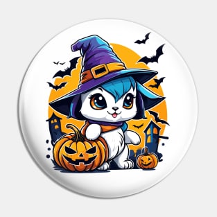 A cat wearing a witches hat and holding pumpkin Pin