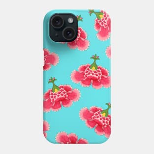 Chinese Vintage Pink and Red Flowers with Turquoise Blue - Hong Kong Traditional Floral Pattern Phone Case