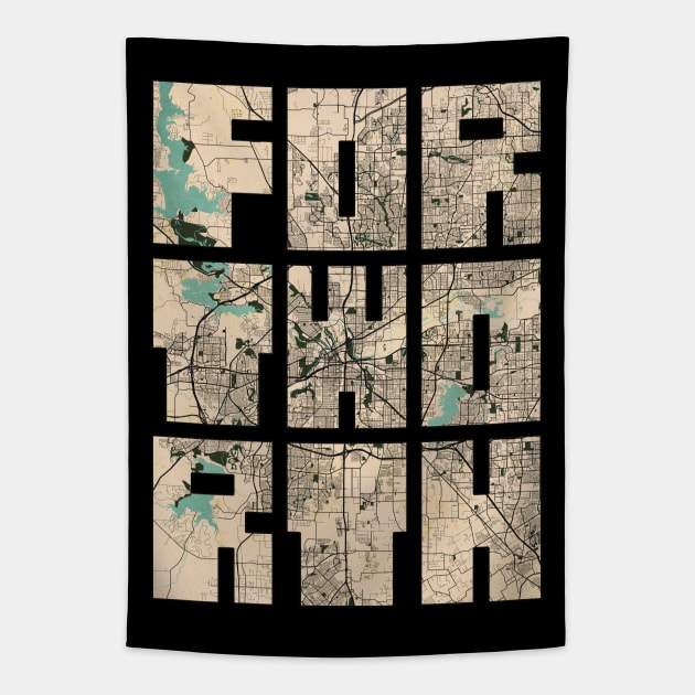 Fort Worth, USA City Map - Vintage Tapestry by deMAP Studio