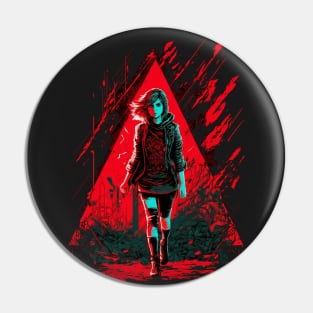 Cyberpunk Girl On Red Triangular Neon Background Pin