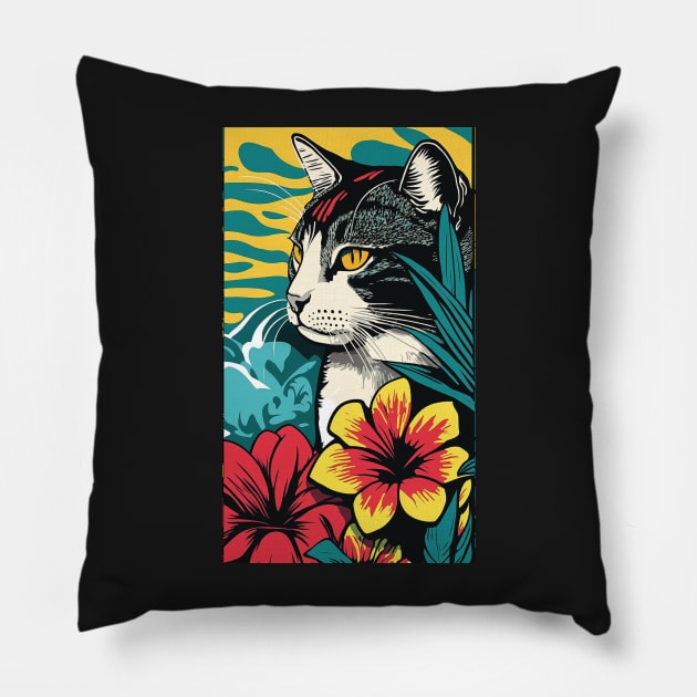 American Shorthair Cat Vibrant Tropical Flower Tall Retro Vintage Digital Pop Art Portrait 2 Pillow by ArtHouseFlunky