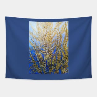 Yellow forsythia blossom against a blue background Tapestry