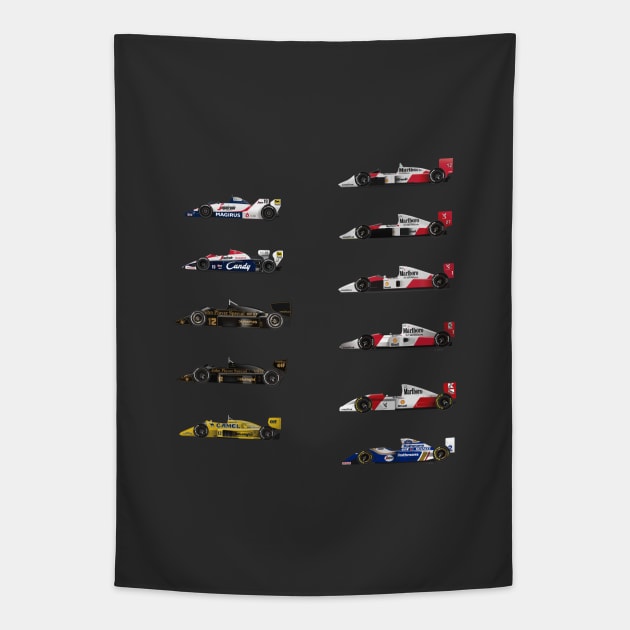 Ayrton Senna - All F1 Cars Tapestry by Burro Wheel