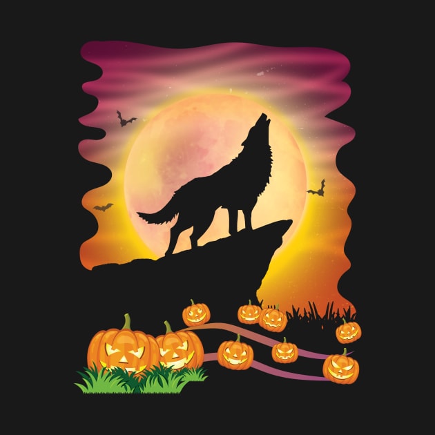 Wolf Dog On Mountain With Moon Pumpkins Bat Halloween Day by Cowan79