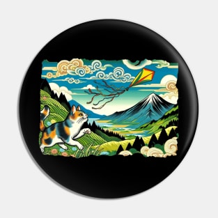 Vintage Japanese Art Kite Flying Mountain Mt. Fuji Cute Cat Pin