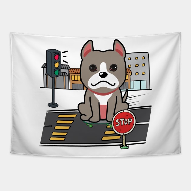 Cute grey dog is skate boarding on the street Tapestry by Pet Station