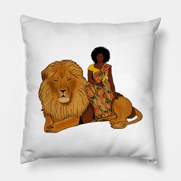 Proud African Afro Woman with Lion and Kente Pattern Pillow by kentevibes