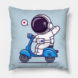 Cute Astronaut Waving Hand On Scooter Cartoon Pillow