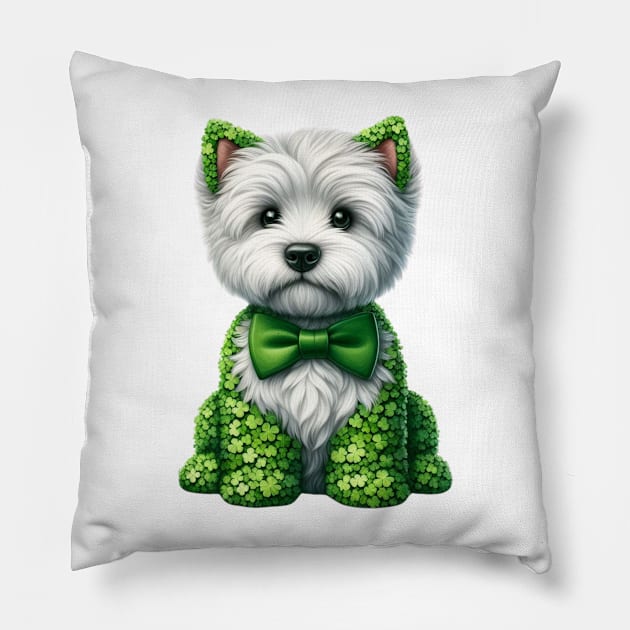 Clover West Highland White Terrier Dog St Patricks Day Pillow by Chromatic Fusion Studio