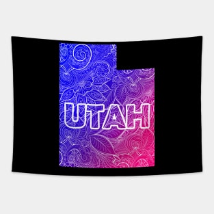 Colorful mandala art map of Utah with text in blue and violet Tapestry