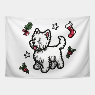 Westie Christmas Design - West Highland Terrier - Cartoon Dog Holiday Drawing Tapestry