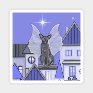 Winged cat. Dragon wings.Night city.Purple Magnet