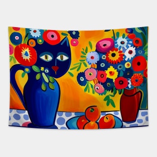 Still Life Painting with Black Cat in Blue Vase Tapestry