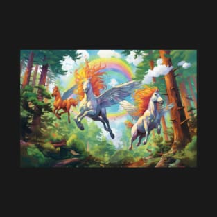 Enchanted Flight: Rainbow Pegasus Soaring Through the Forest T-Shirt