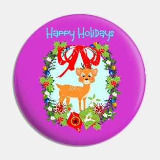 Happy Holidays Festive Christmas Deer Wreath Pin