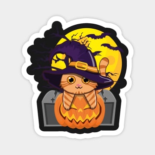 The Witch Cat Sitting On Spooky Pumpkin Magnet