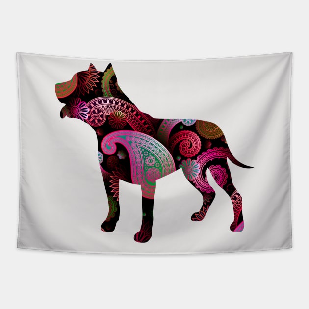 Pit Bull Dog Silhouette with Colorful Paisley Tapestry by LizzyizzyDesign