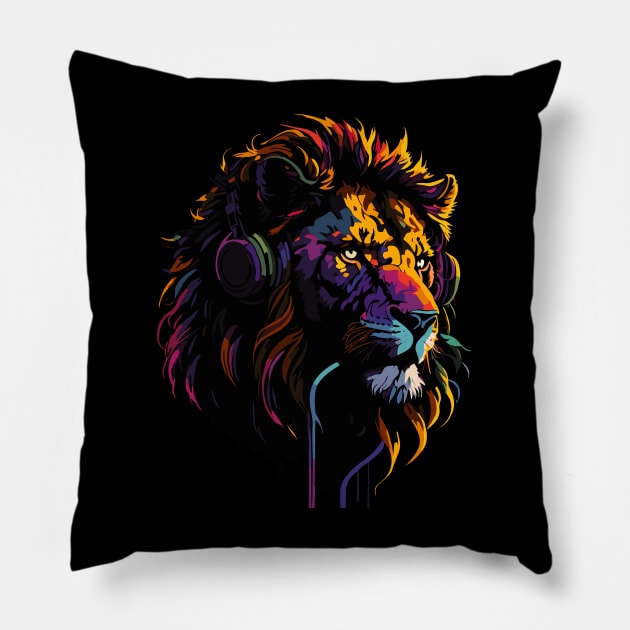 Lion Headphones Party  Summer Aesthetic Pillow by Stoiceveryday