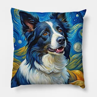 Border Collie Dog Breed Painting in a Van Gogh Starry Night Art Style Pillow