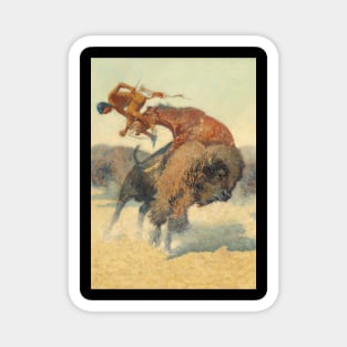 Buffalo Attacking Native American Hunter - Vintage Western American Art Magnet