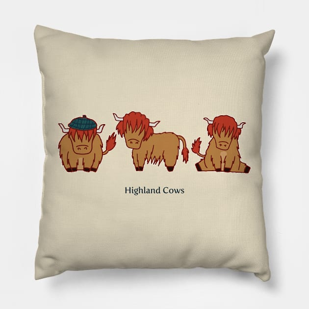 Cute Scottish Cows Drawing Pillow by MariOyama