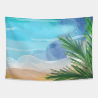 Pretty Watercolor Shoreline with Palm Fronds Tapestry